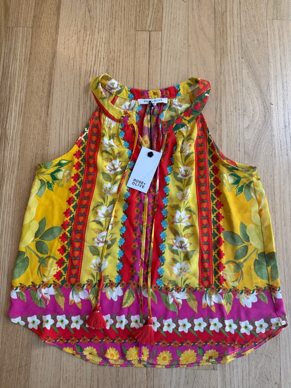 Rose & Olive Yellow Floral Halter Tank with Pink Trim